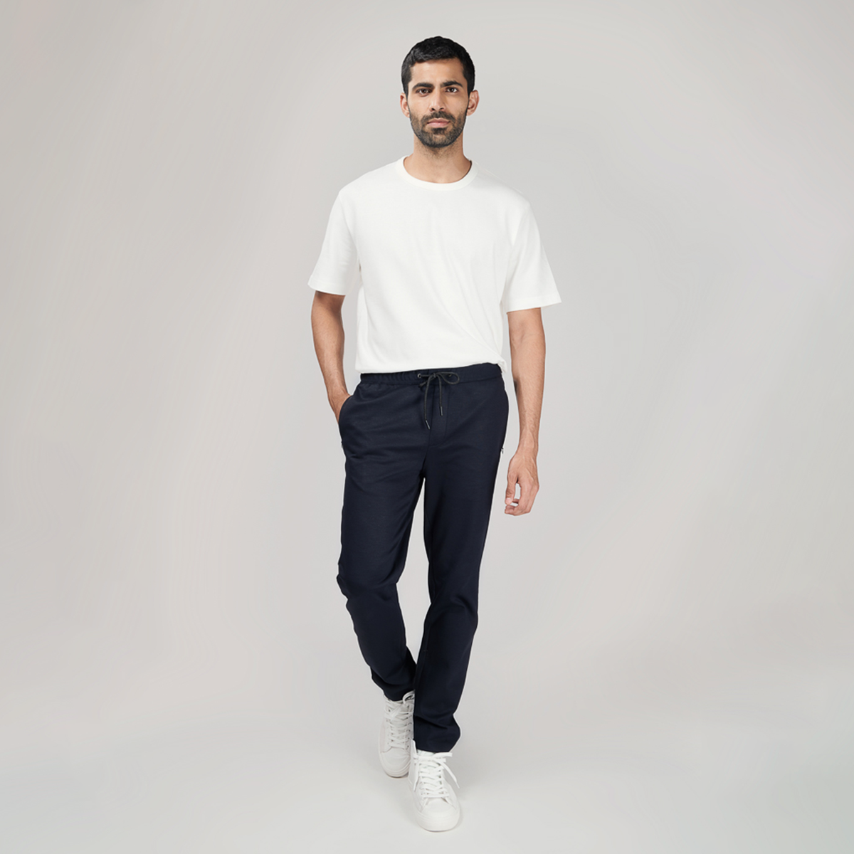 White t shirt black top joggers