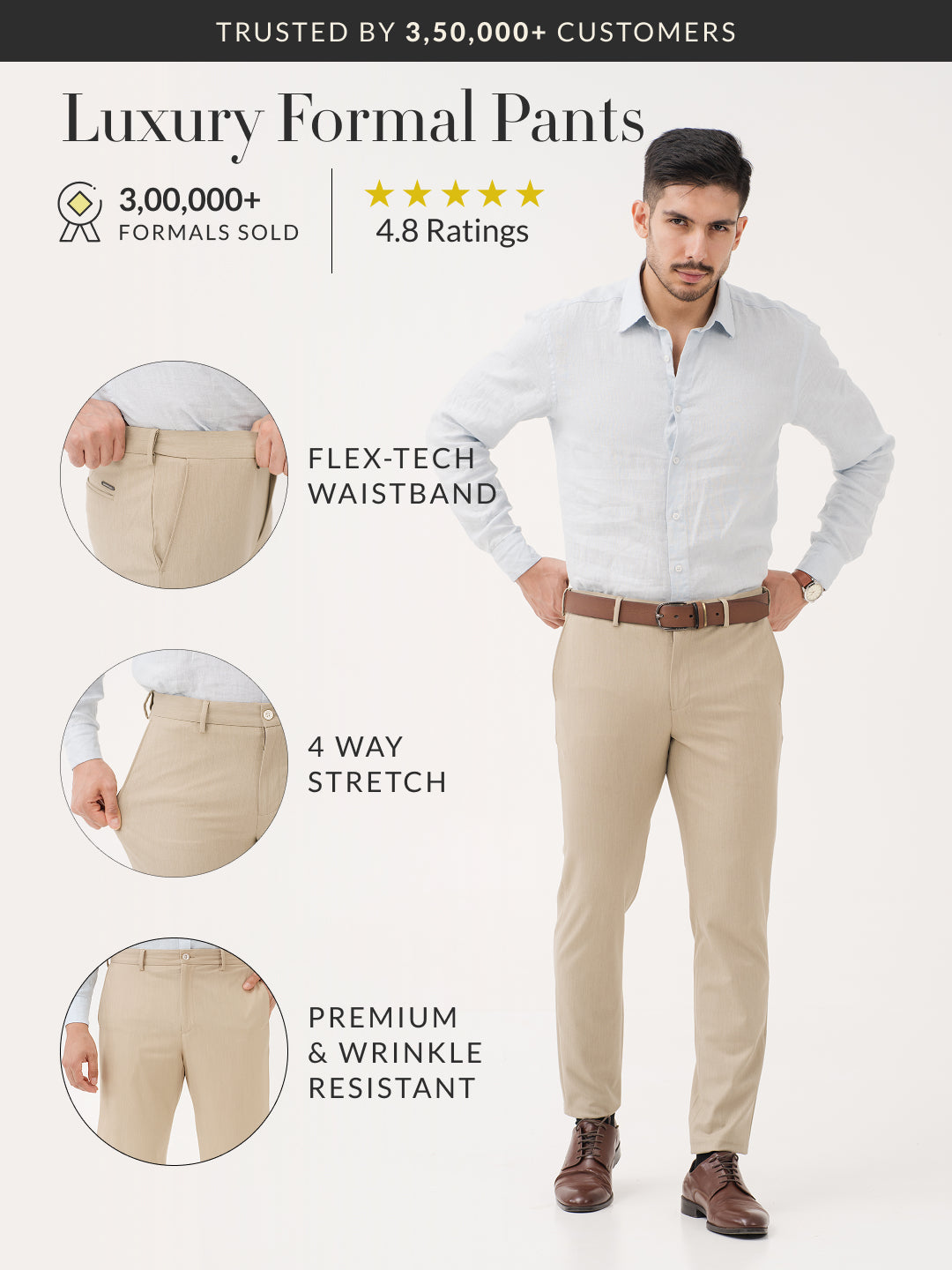 Argil Khaki Luxury Twill Relaxed Fit Stretch Formal Pants