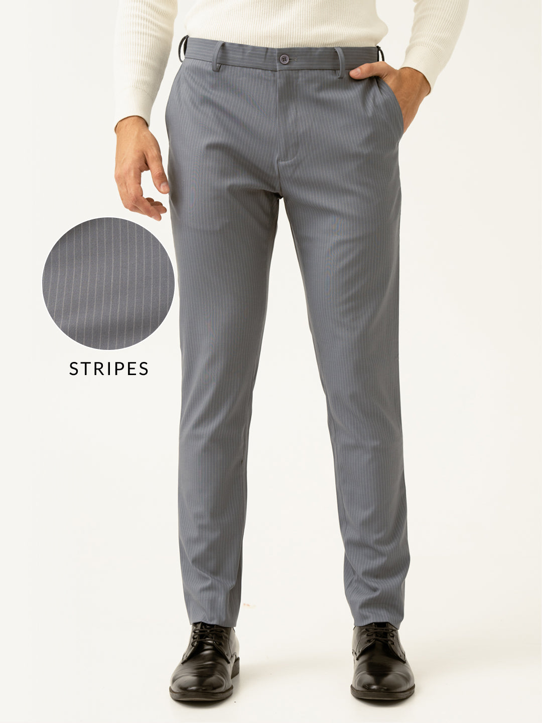 Buy Men's Ash Grey Stripes Slim Fit Formal Trousers Online