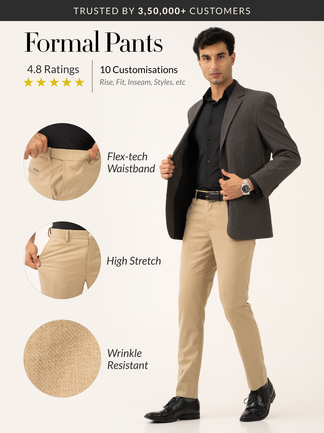 Bastian Khaki Melange Stretch Formal Pants