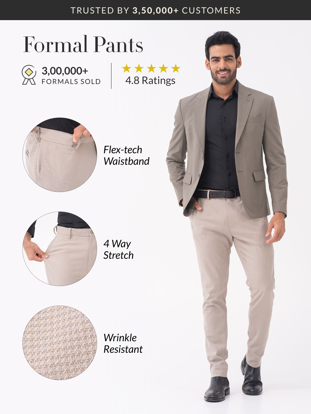 Bison Beige Textured Slim Fit Stretch Formal Pants