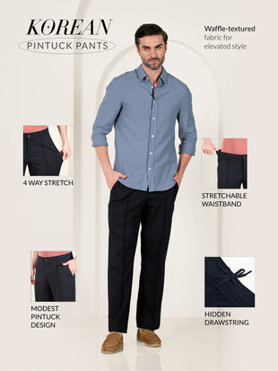 Brooke Navy Relaxed Fit Power-Stretch Korean Pintuck Pants