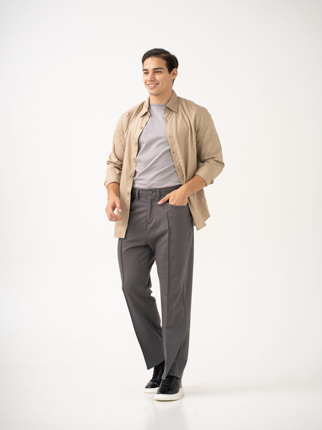 Pant Project grey Korean pants styled with beige shirt