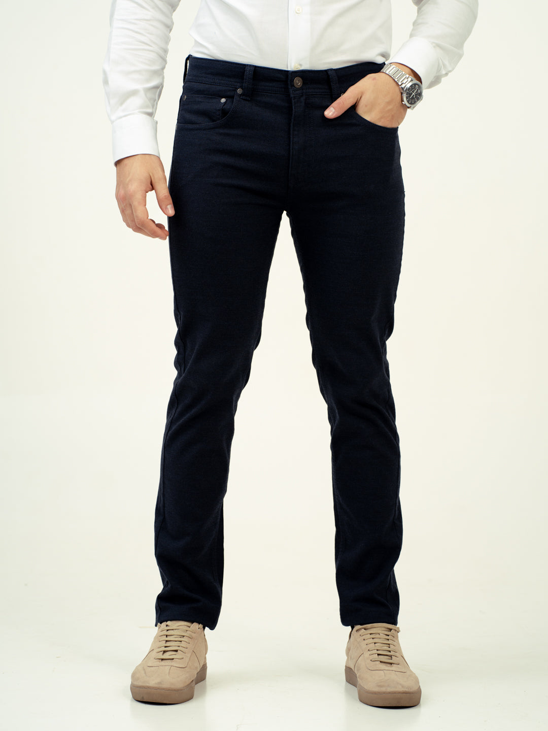 front view of navy jeans by pant project with classic fit