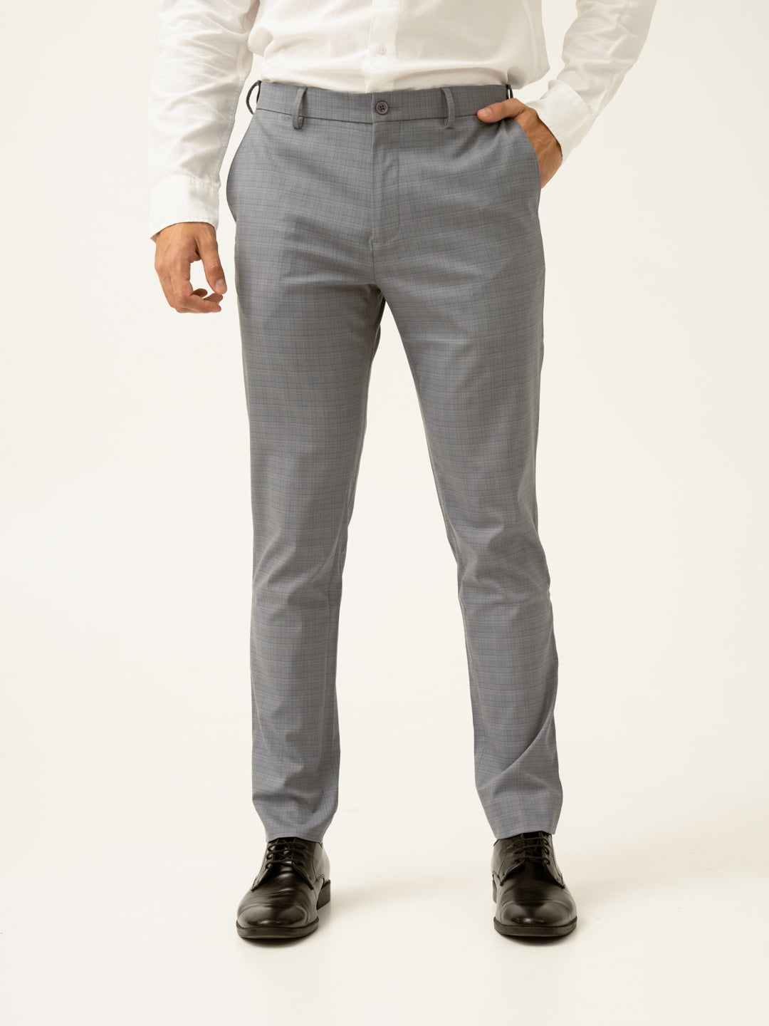 Buy Men's Dolphin Grey Checkerd Slim Fit Formal Trousers Online