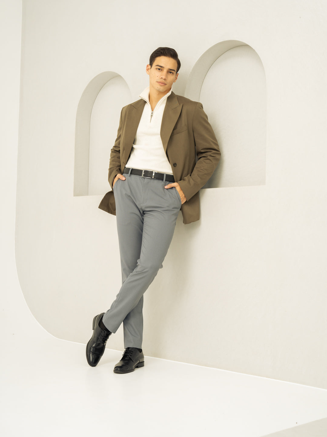Ash Grey Stripes Slim Fit Stretch Formal Pants