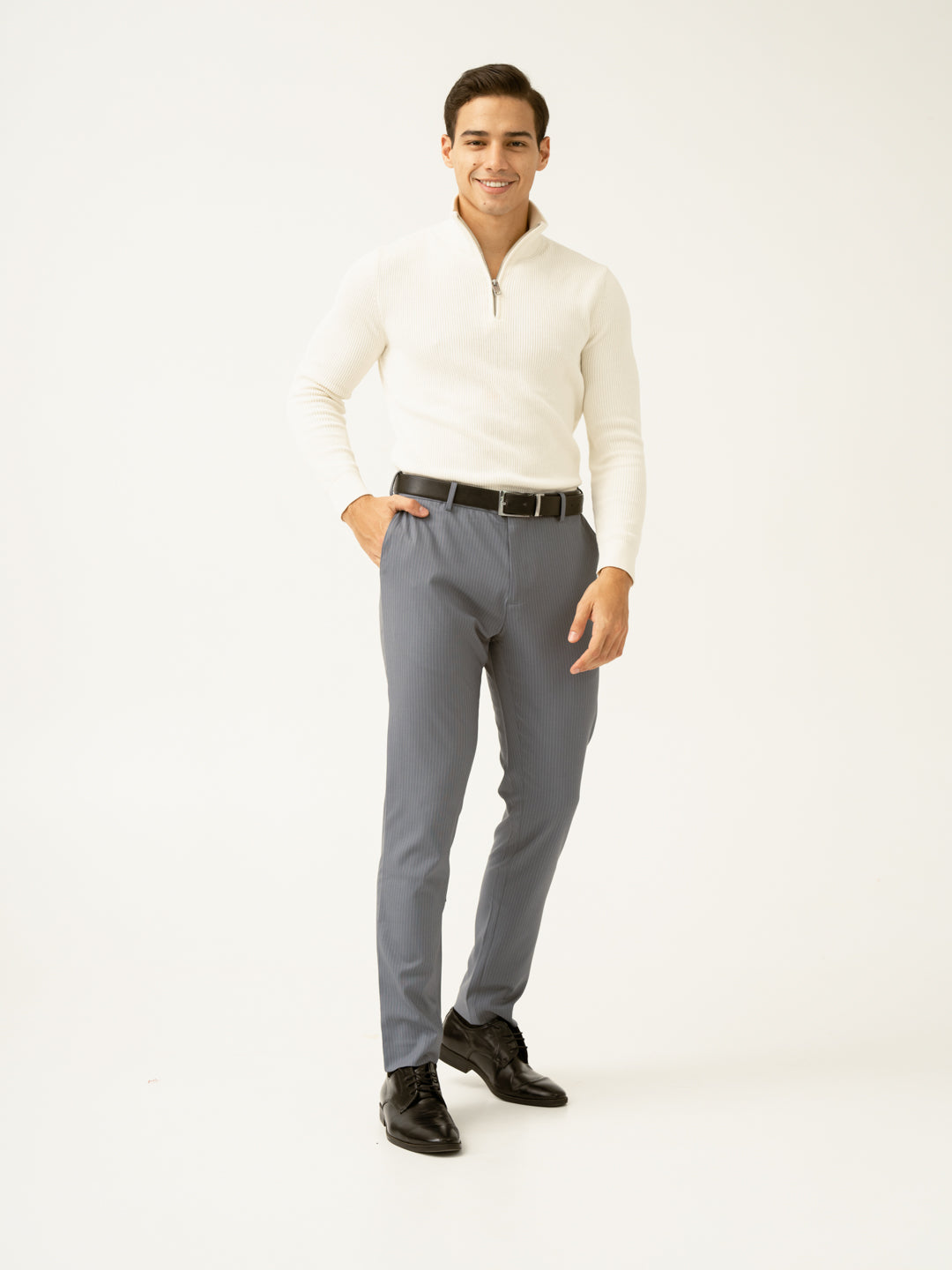Ash Grey Stripes Slim Fit Stretch Formal Pants