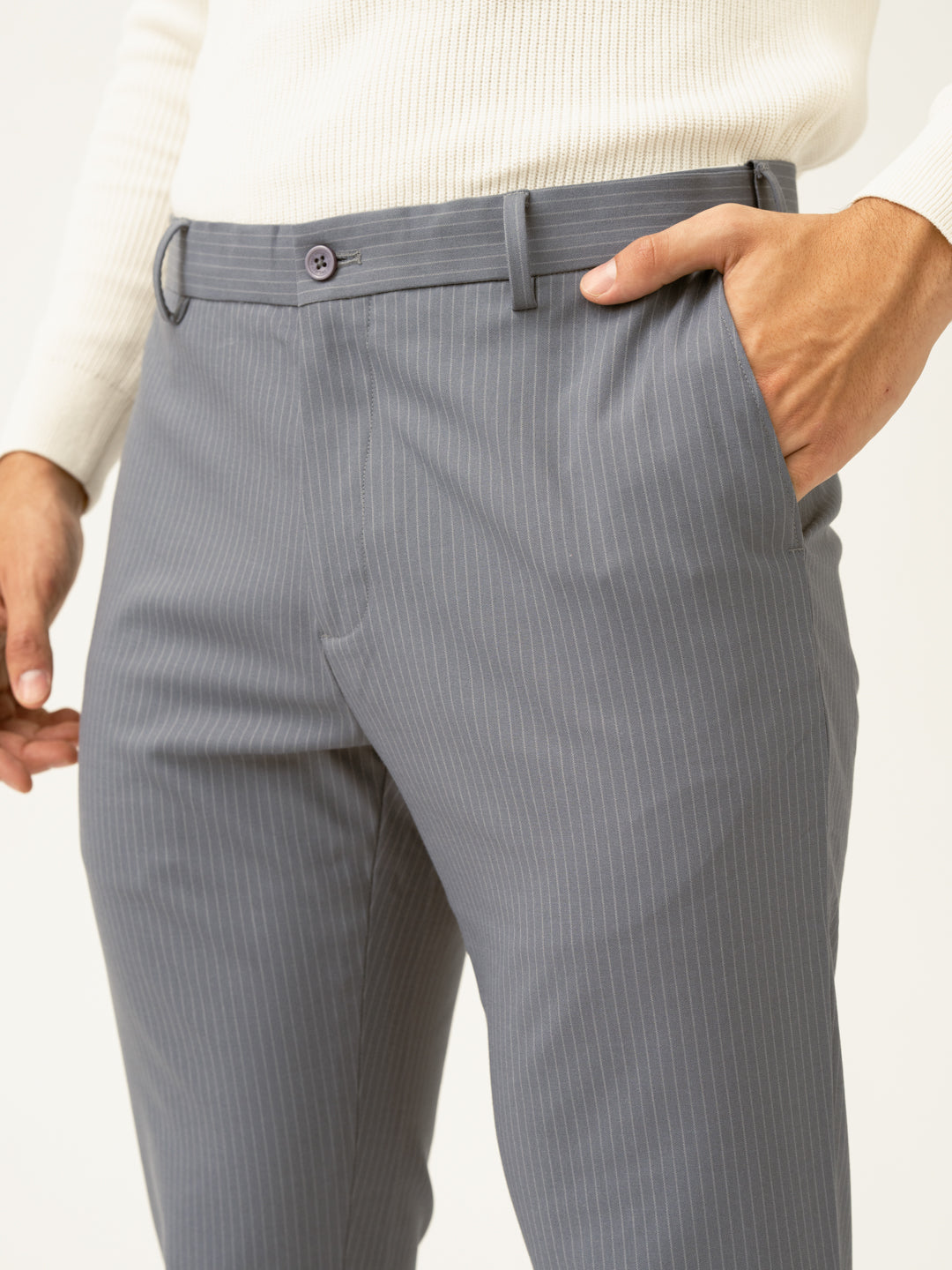 Ash Grey Stripes Slim Fit Stretch Formal Pants