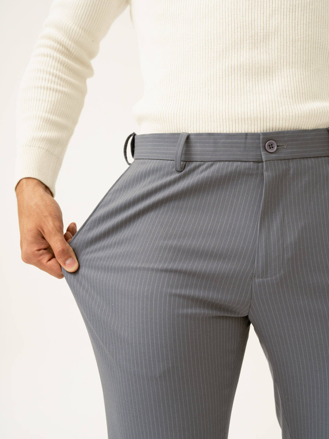 Ash Grey Stripes Slim Fit Stretch Formal Pants