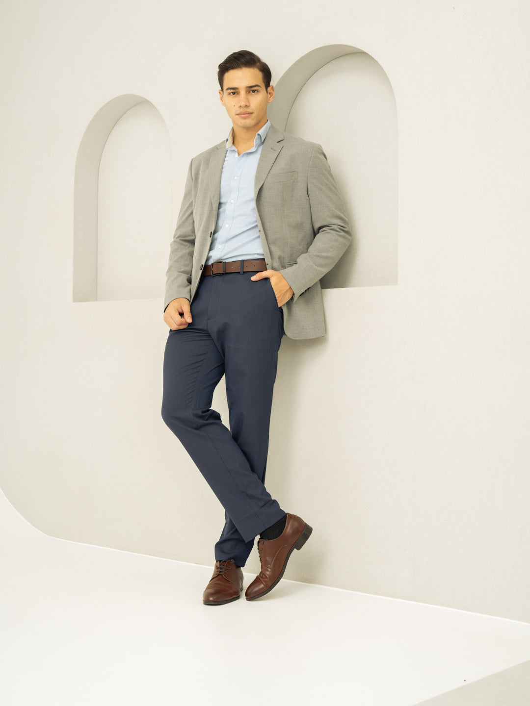 Whale Blue Mini Checks Relaxed Fit Stretch Formal Pants
