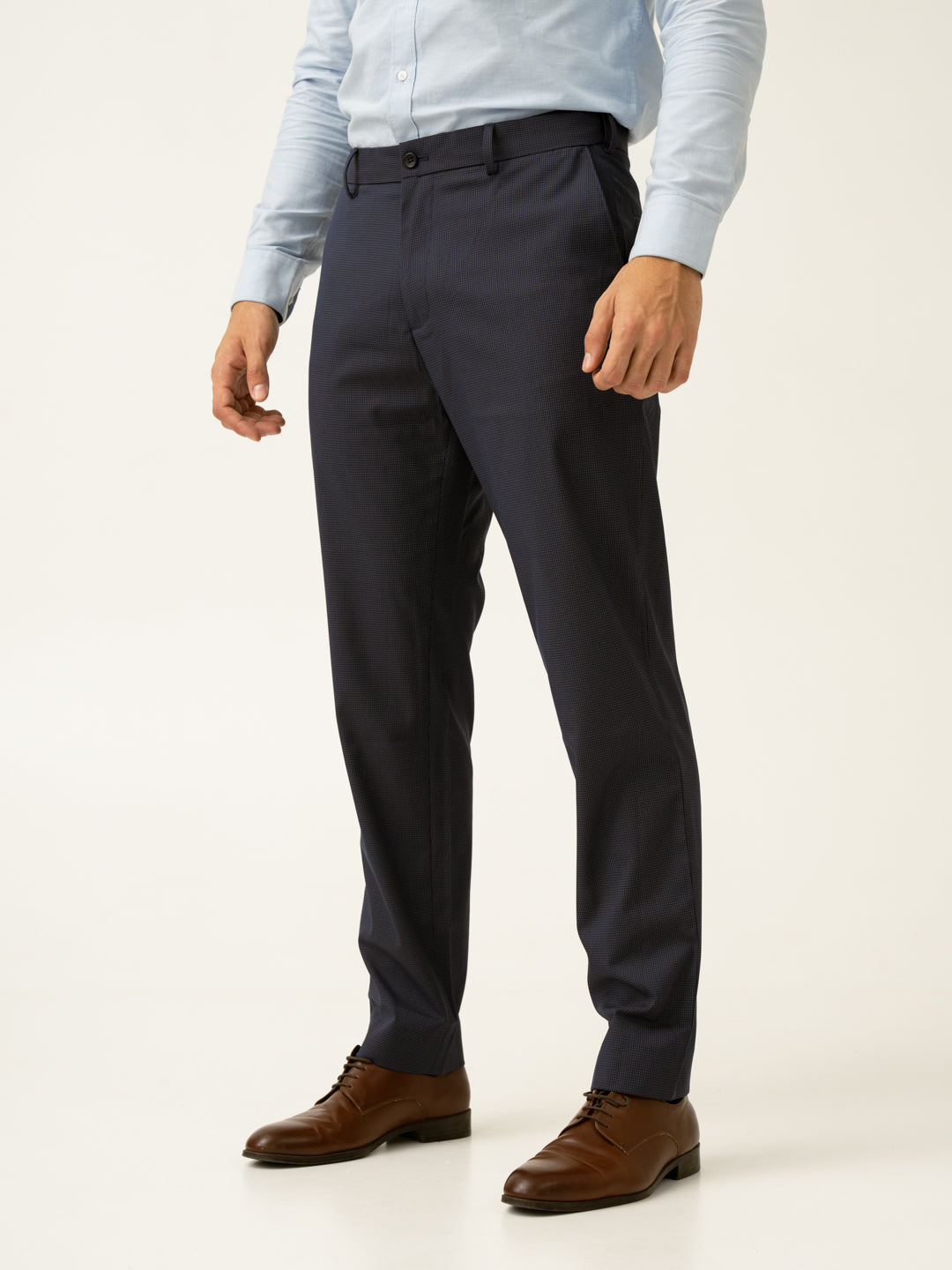 Whale Blue Mini Checks Relaxed Fit Stretch Formal Pants