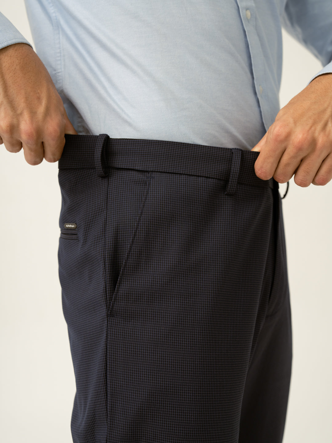 Whale Blue Mini Checks Relaxed Fit Stretch Formal Pants