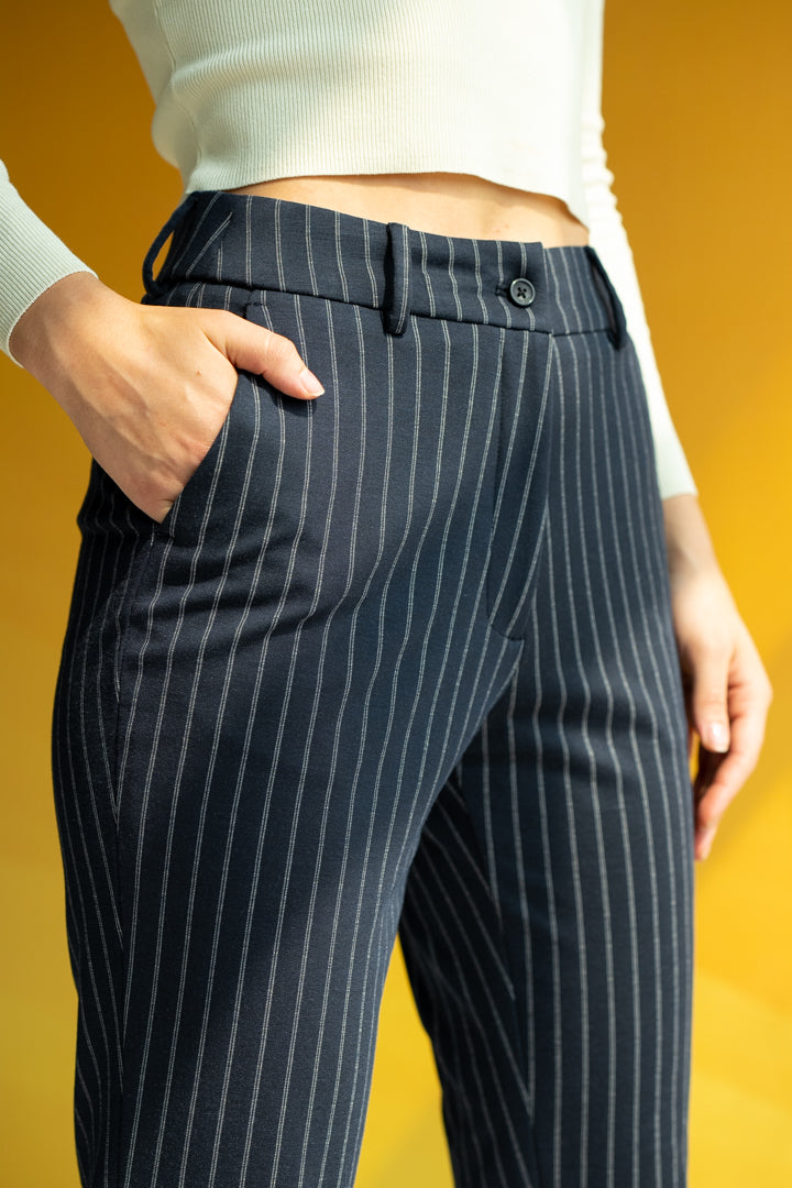 Navy Blue Pinstripe Power-Stretch Women Pants - Main Image