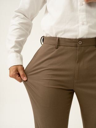 Hazel Brown Micro Checks Slim Fit Stretch Formal Pant