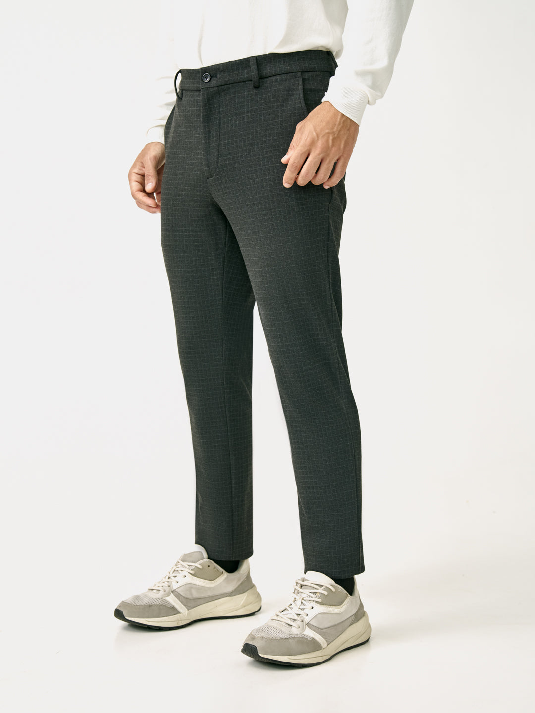 Side view of belfast black checks slim fit power stretch pant at Pant Project