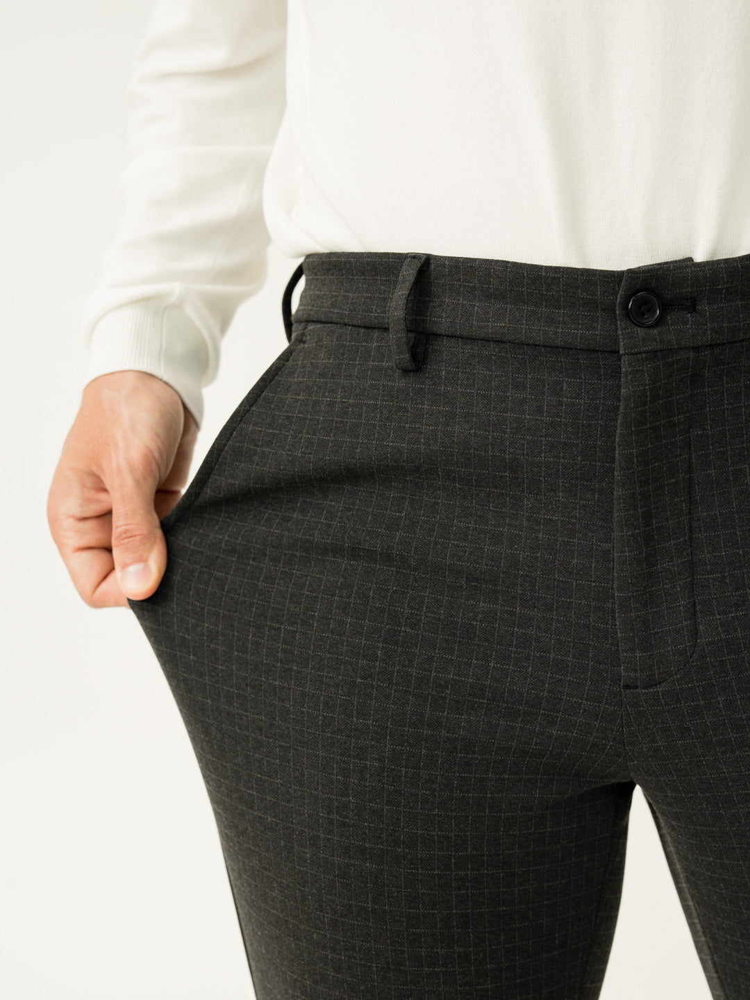 Stretch feature of belfast black checks slim fit power stretch pant at Pant Project