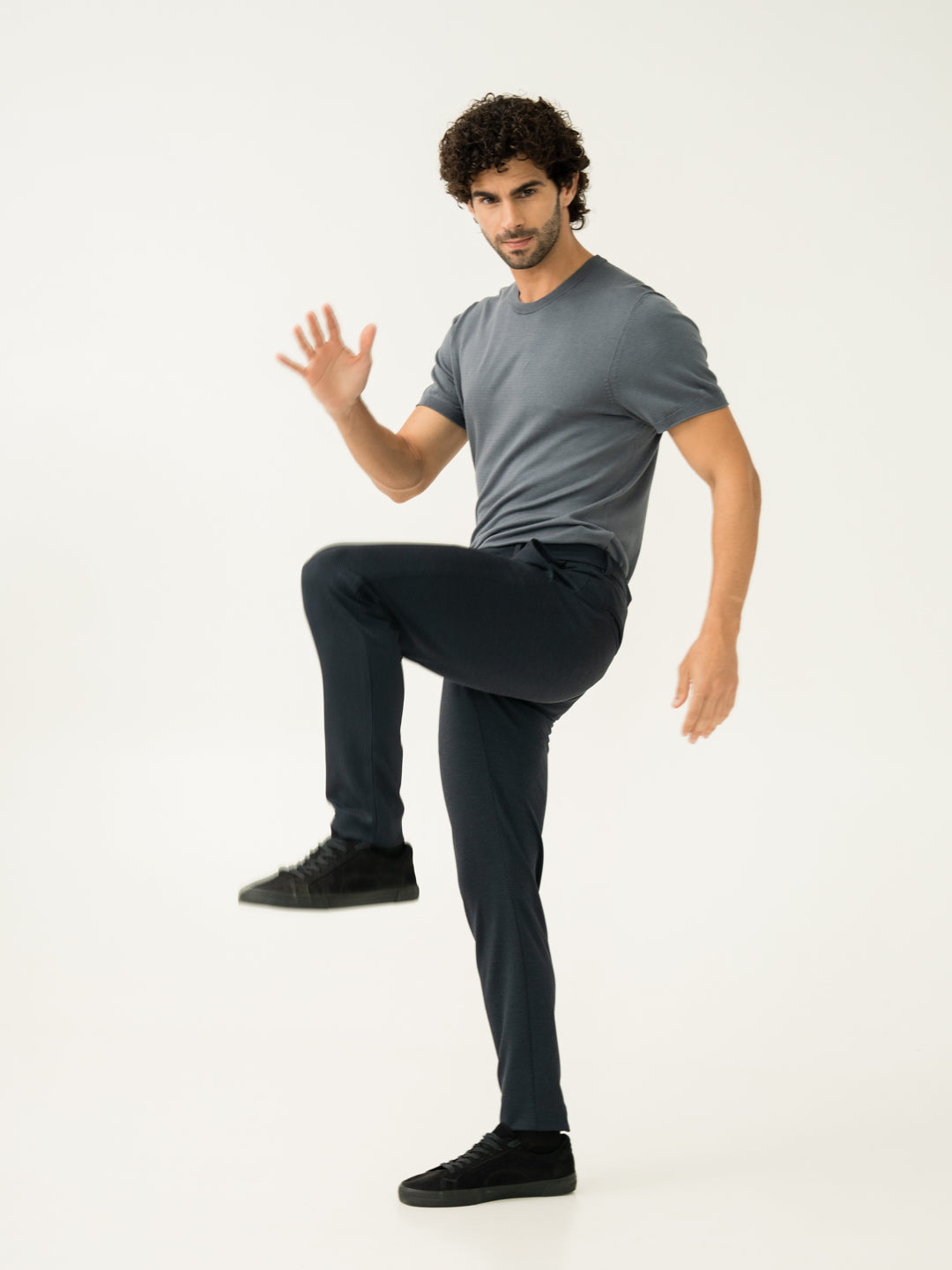 Stretchable strength of navy Twill structured slim Fit power stretch pant at Pant Project