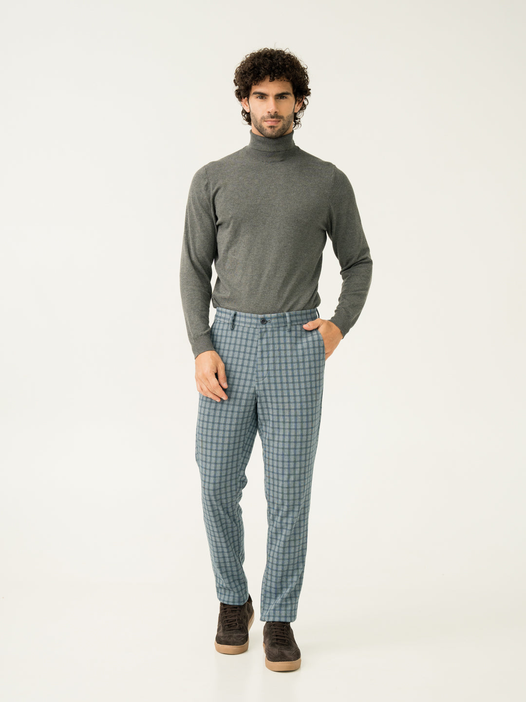 Full front view of ripple blue checks slim fit power stretch pant at Pant Project