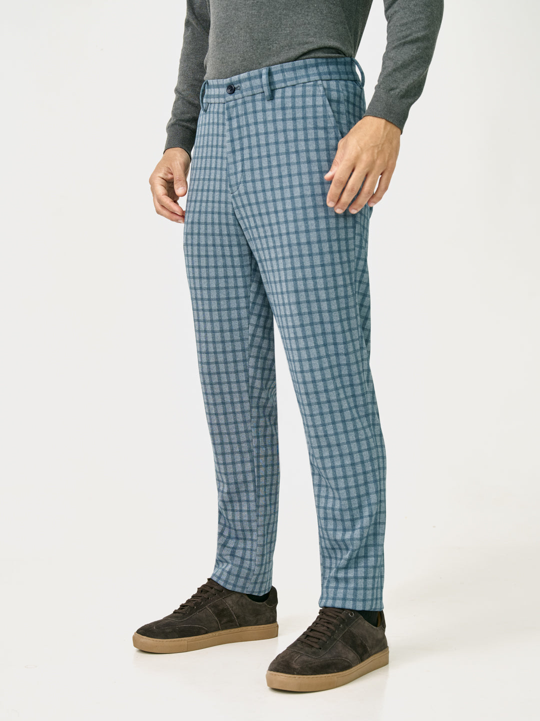 Side view of ripple blue checks slim fit power stretch pant at Pant Project