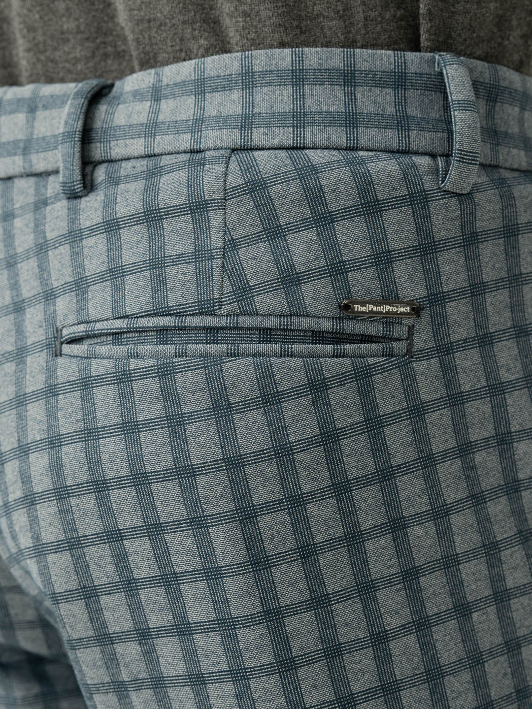 Back pocket detail of ripple blue checks slim fit power stretch pant at Pant Project