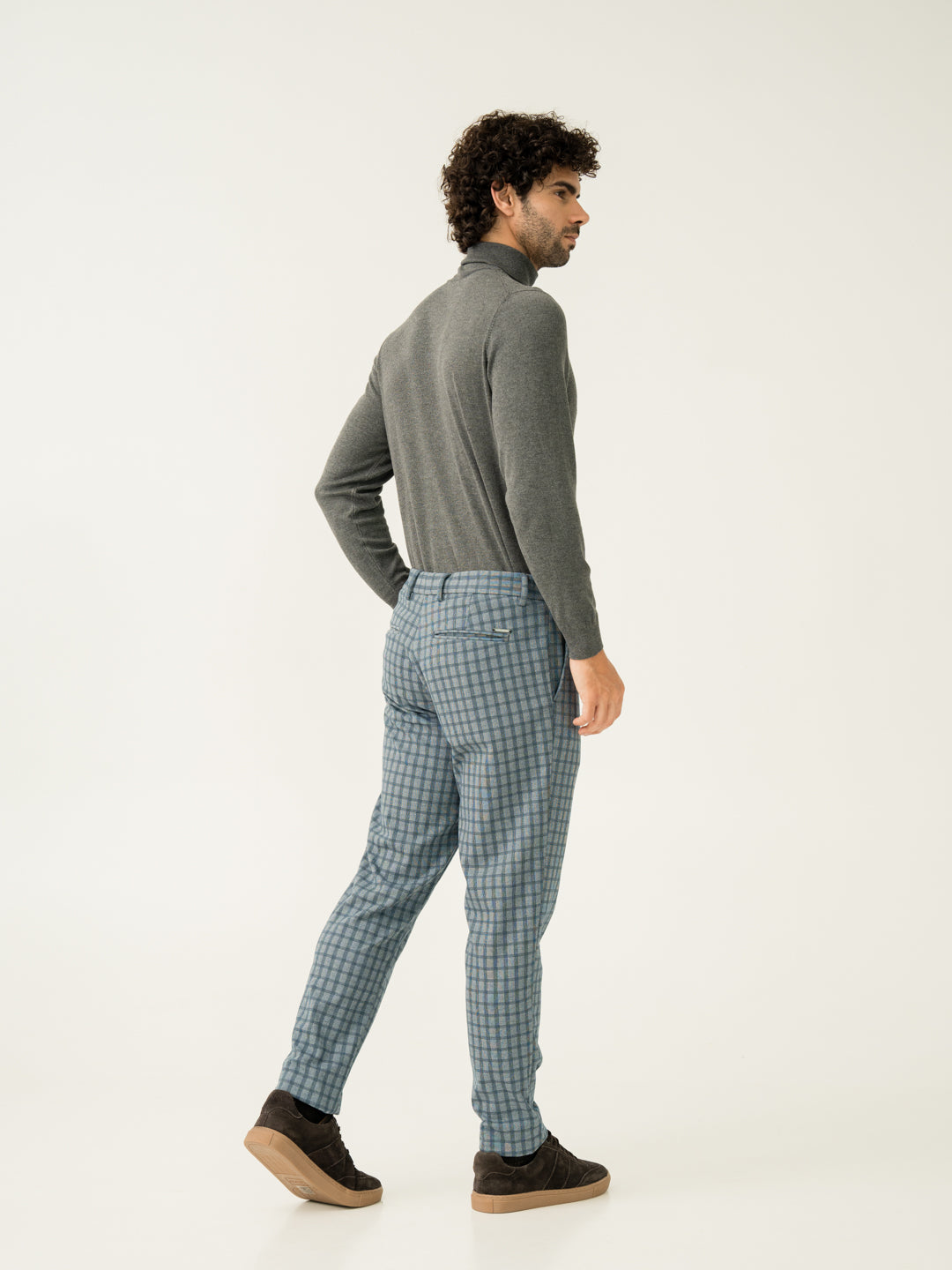 Full length back view of ripple blue checks slim fit power stretch pant at Pant Project