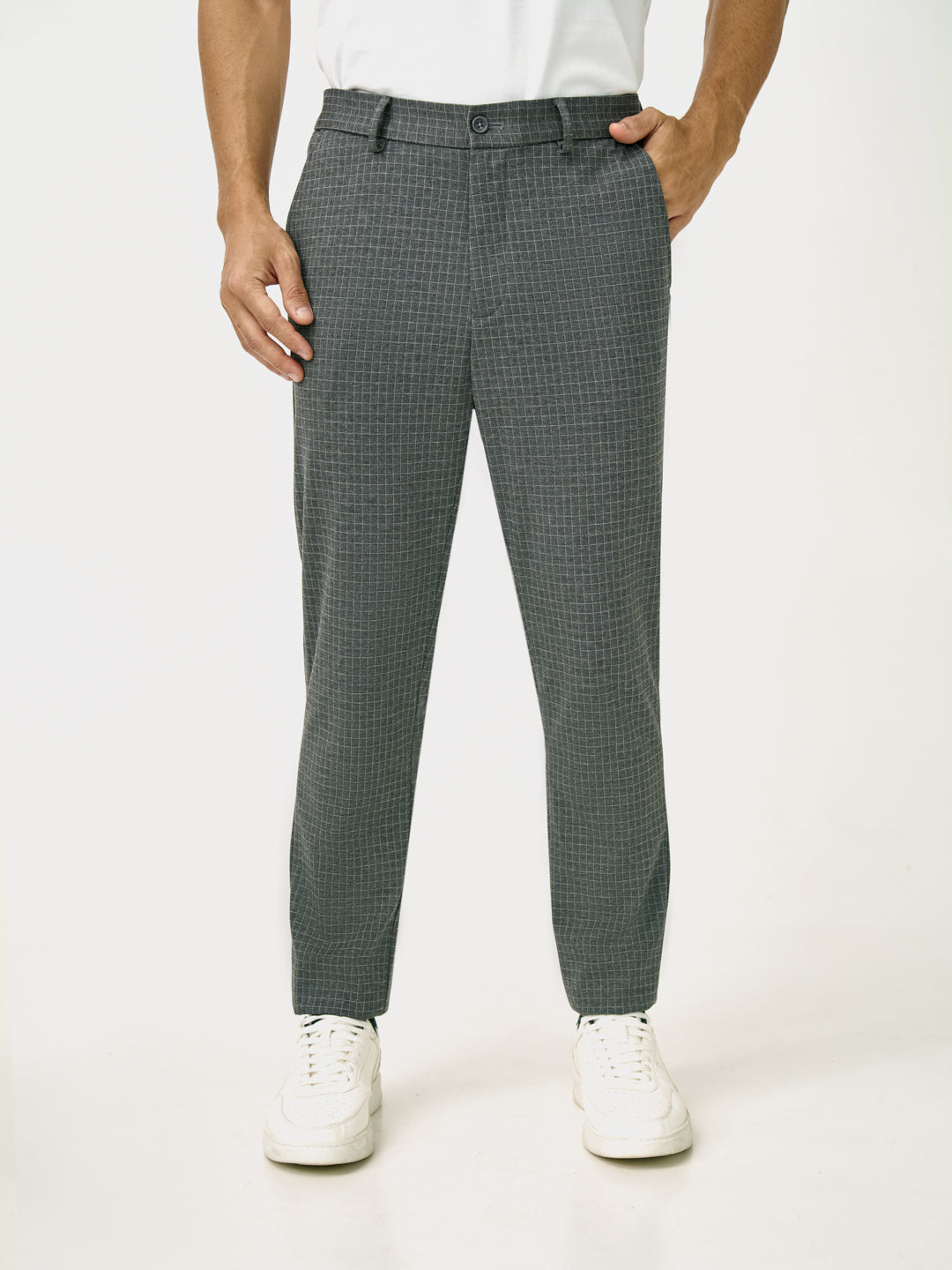 Close front view of medium grey checks slim fit power stretch pant at Pant Project