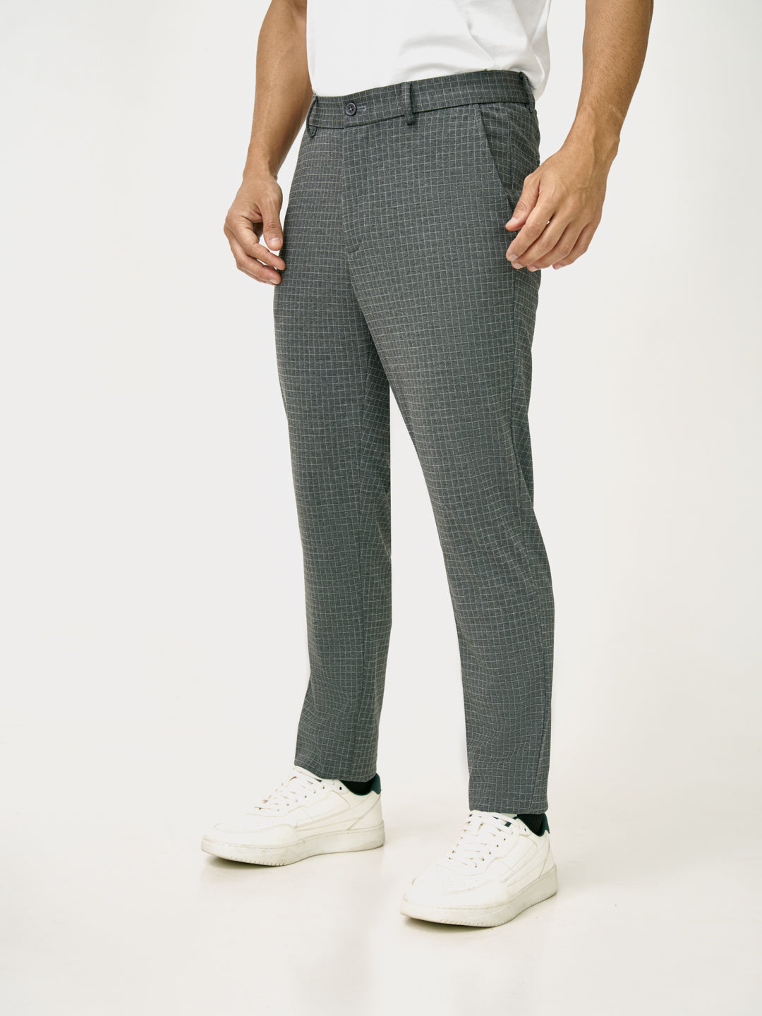 Side front view of medium grey checks slim fit power stretch pant at Pant Project