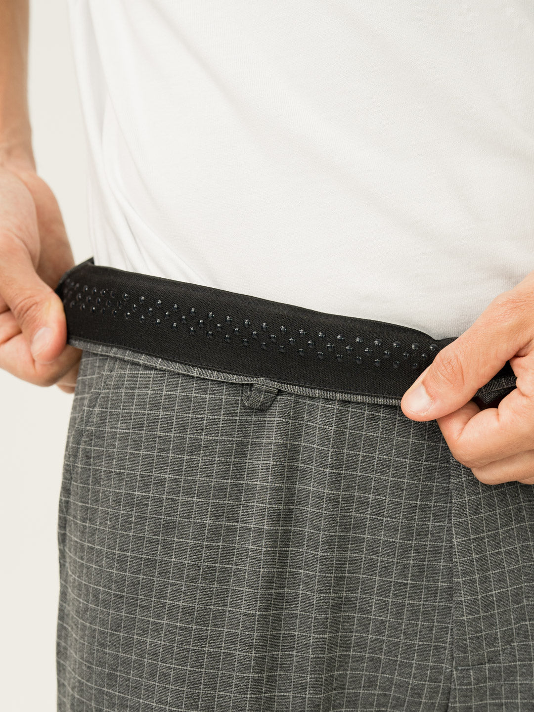 Stretch waistband close up of medium grey checks slim fit power stretch pant at Pant Project