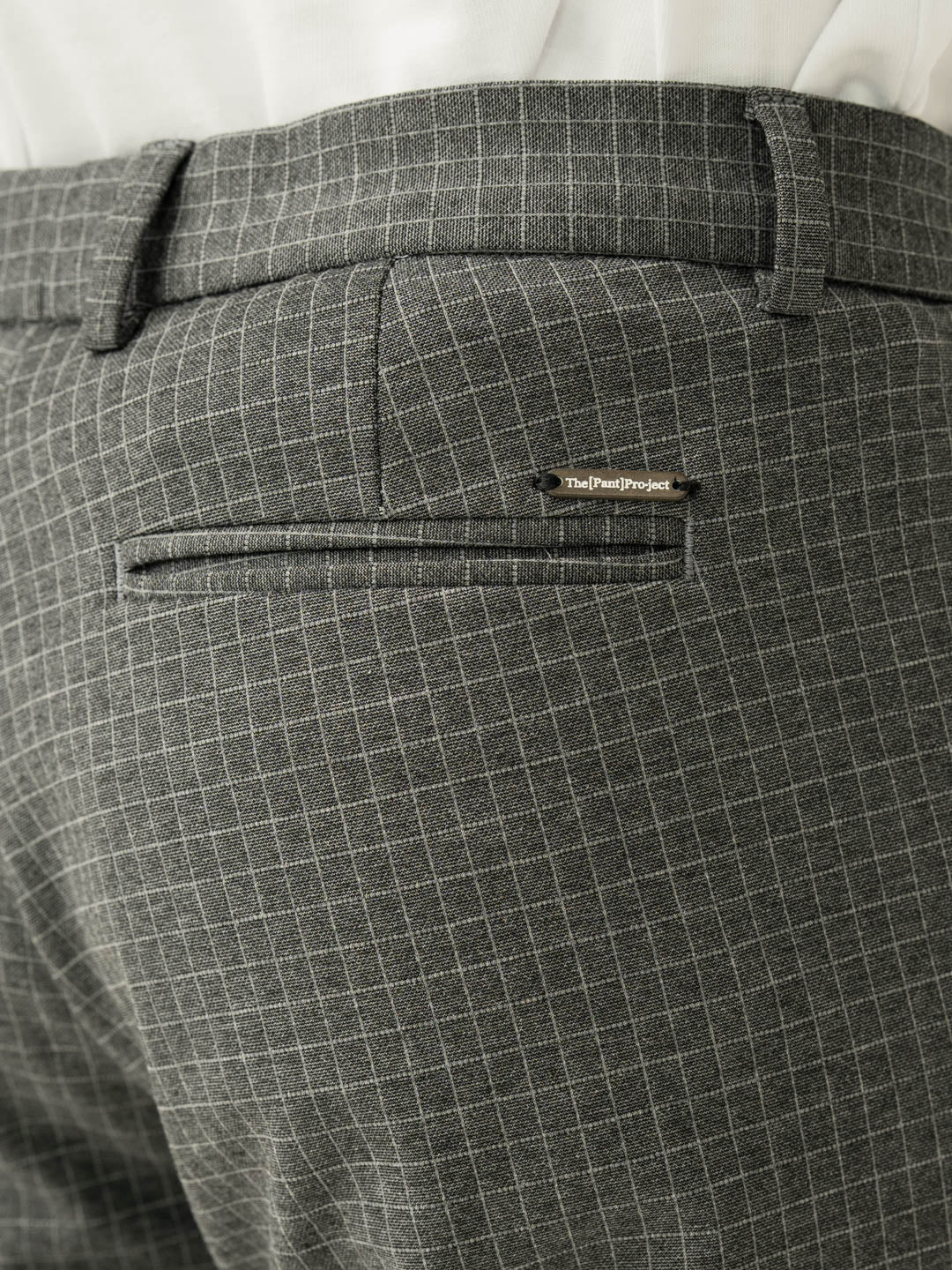 Back pocket detail of medium grey checks slim fit power stretch pant at Pant Project