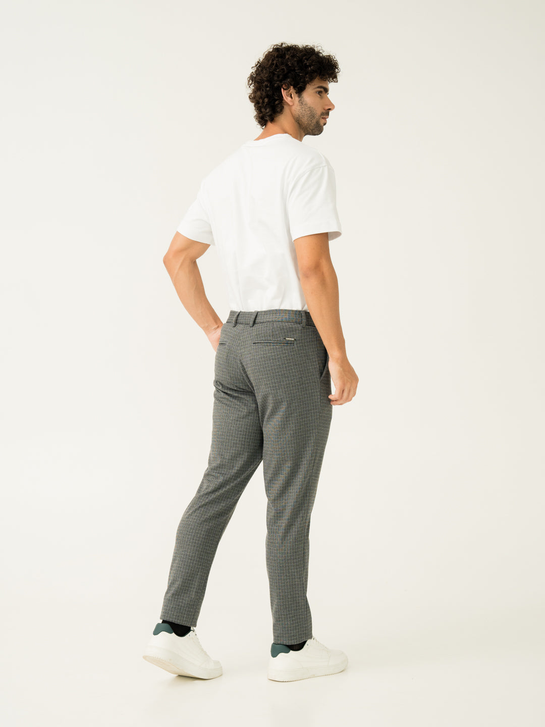 Back side front view of medium grey checks slim fit power stretch pant at Pant Project