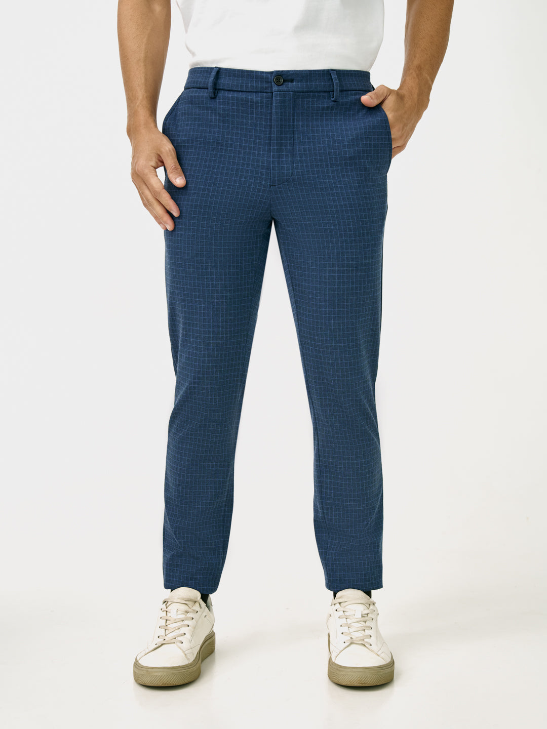 Medium Blue Checks Slim Fit Power Stretch Pants