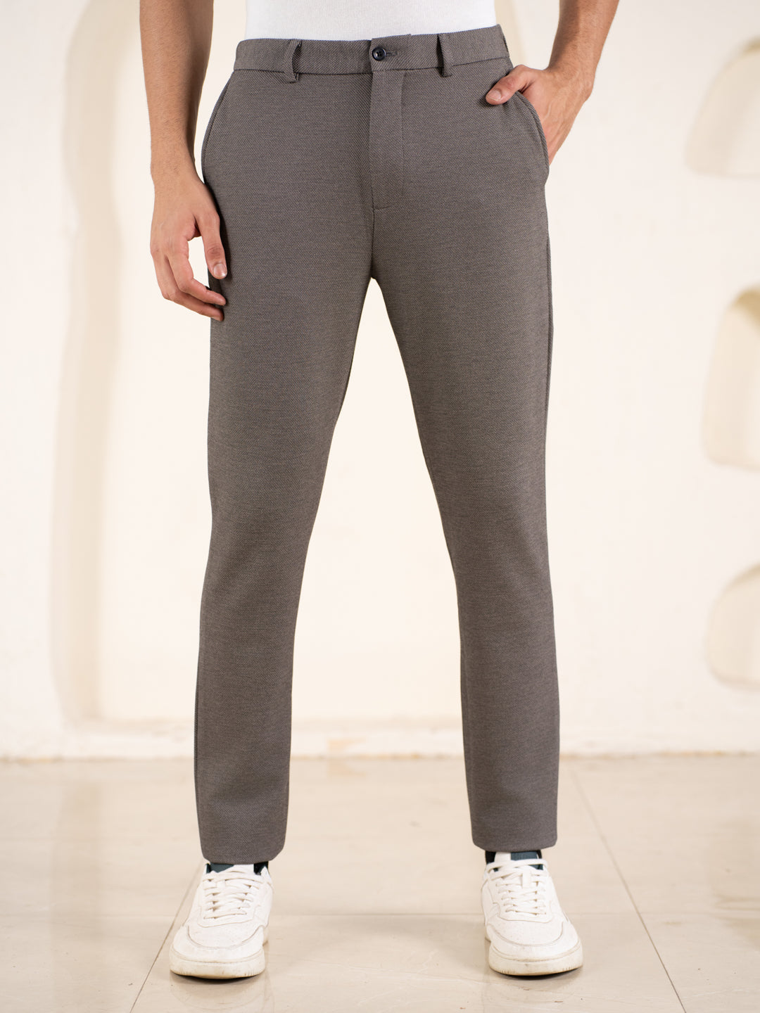 Geometry Beige Textured Slim Fit Power Stretch Pants