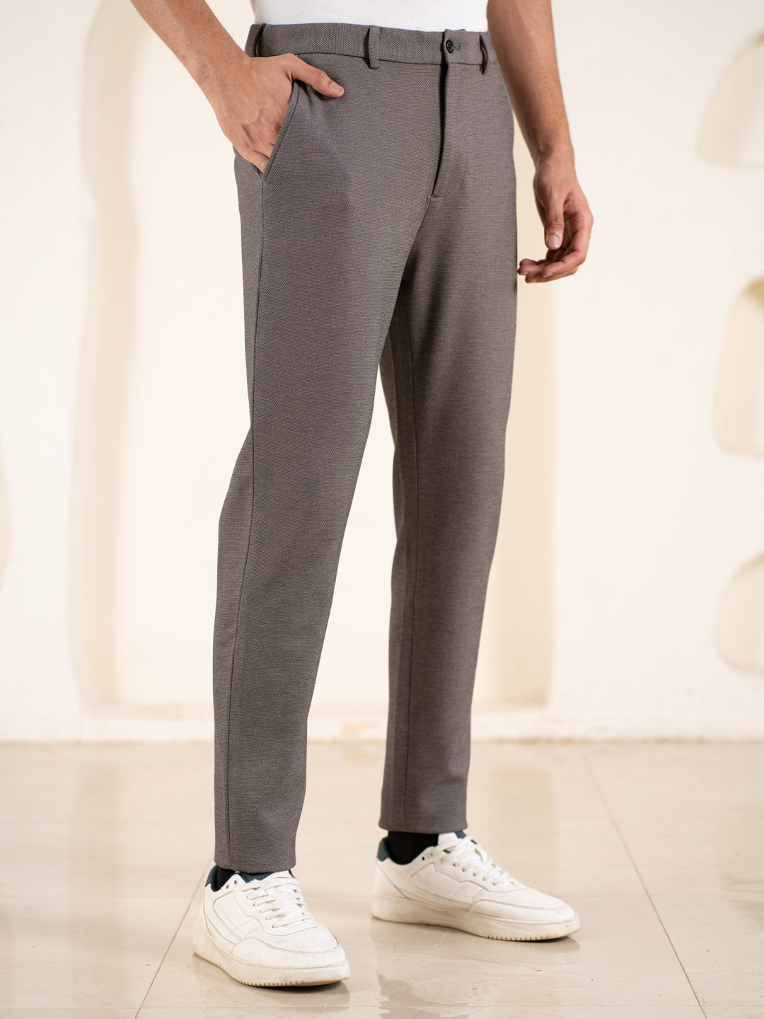 Geometry Beige Textured Slim Fit Power Stretch Pants