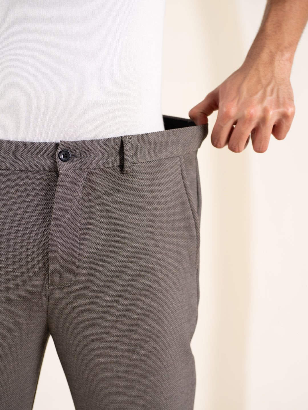 Geometry Beige Textured Slim Fit Power Stretch Pants