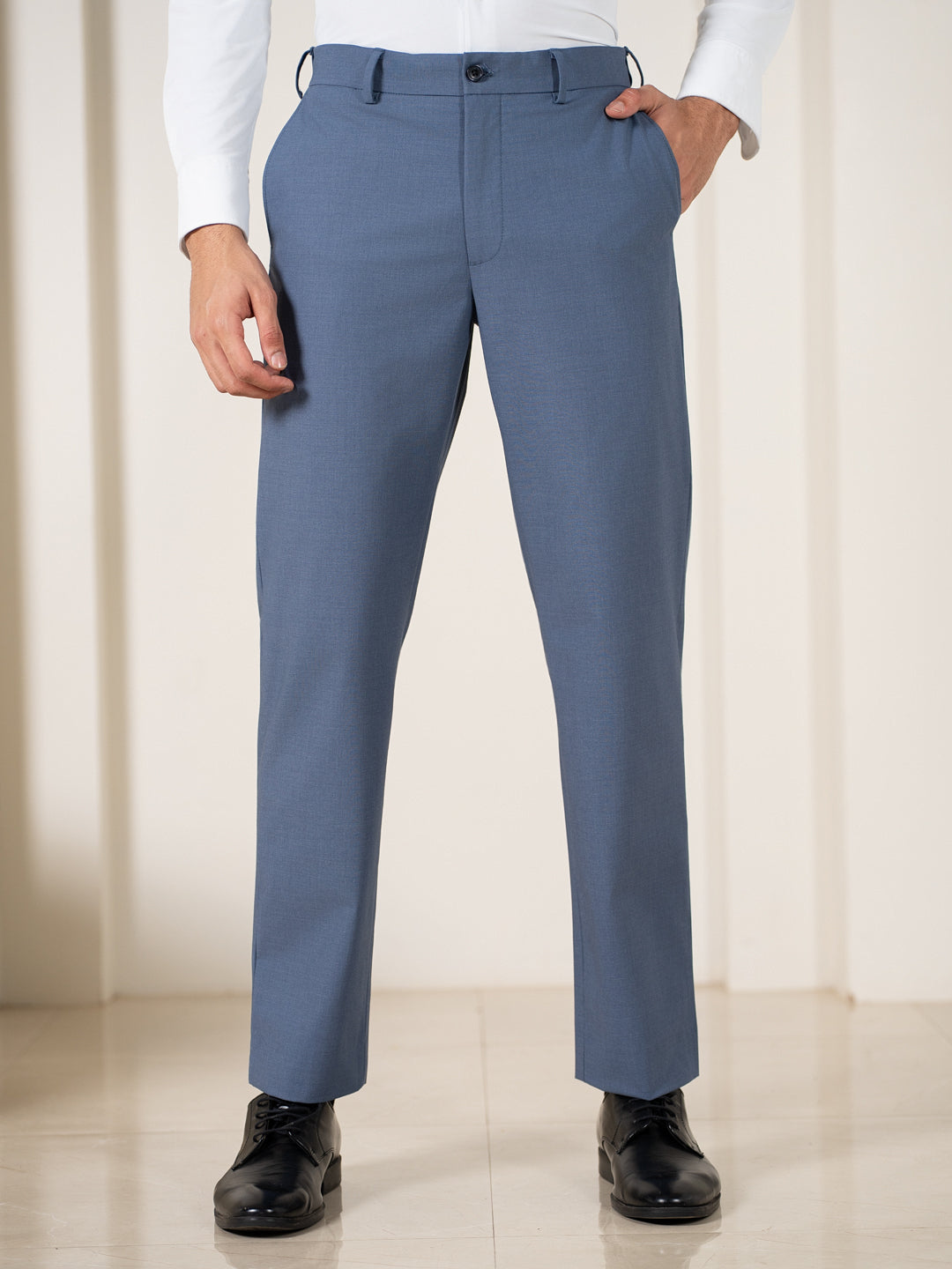Buy Men Blue Melange Relaxed Fit Stretchable Formal Trouser Buy Men Blue Melange Relaxed Fit Stretchable Formal Trouser