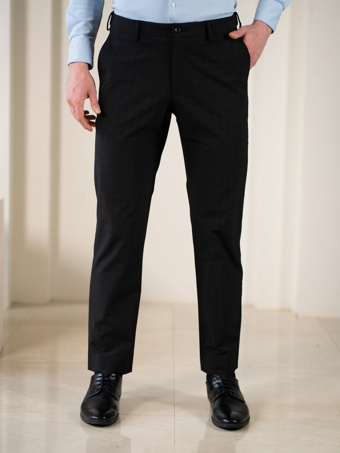 Buy Men's Cartographer Black Checks Relaxed Fit Stretch Formal Trousers  Online