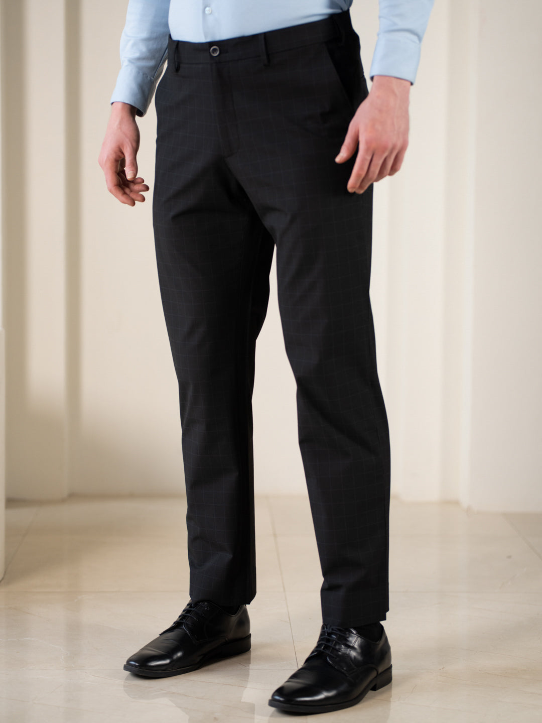 Cartographer Black Checks Relaxed Fit Stretch Formal Pants