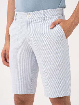 "Pant Project blue seersucker chino shorts front close-up view"
