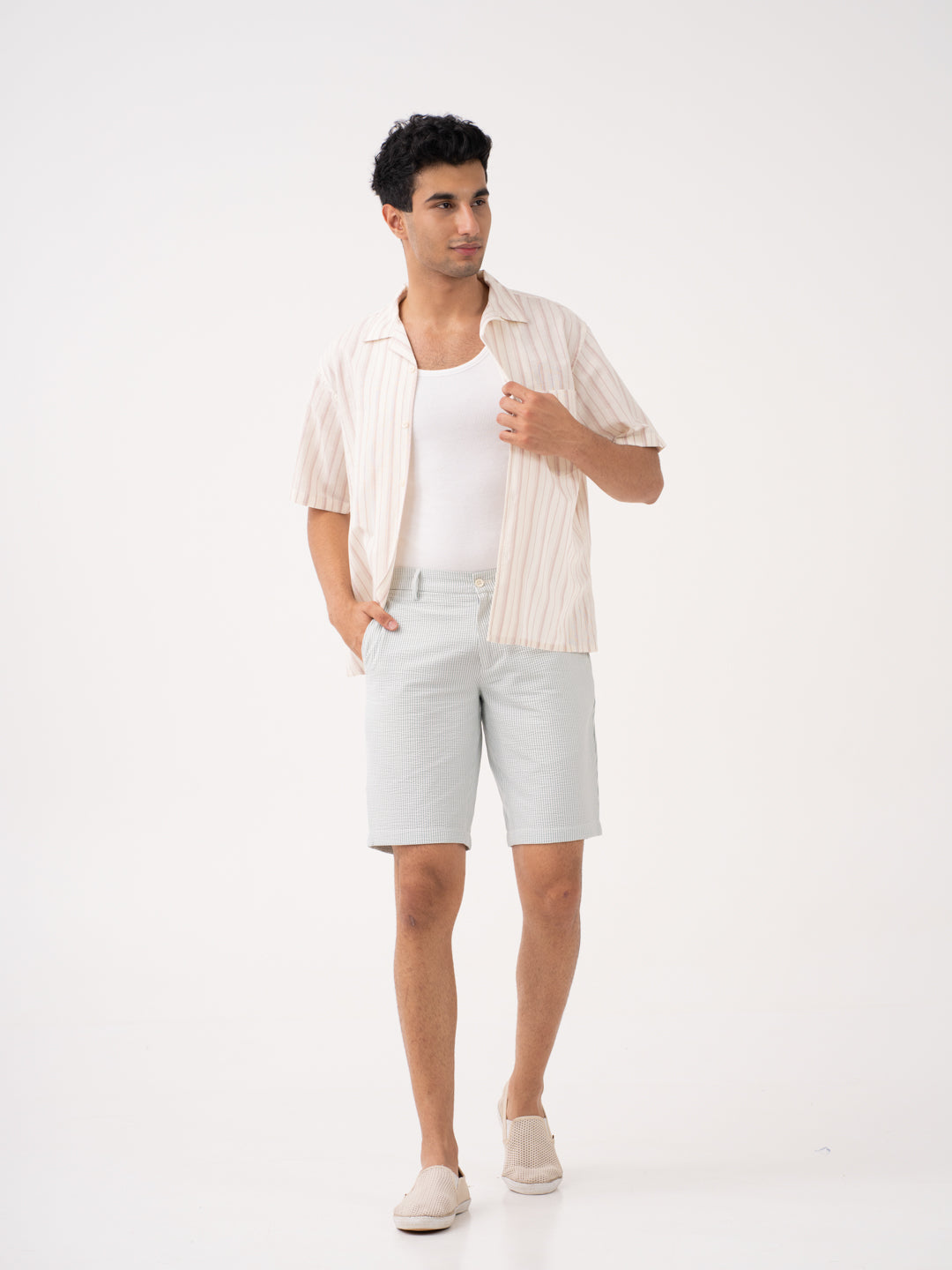 Meadow Green Stripes Seersucker Chino Shorts - Main Image