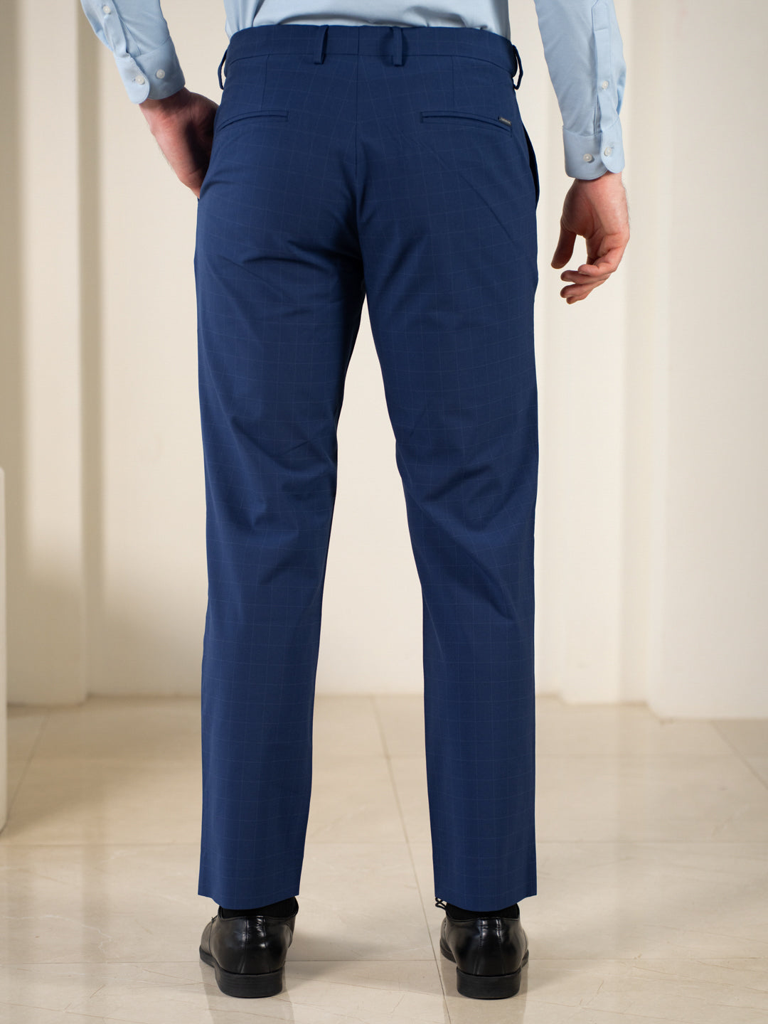Editor Blue Checks Relaxed Fit Stretch Formal Pants