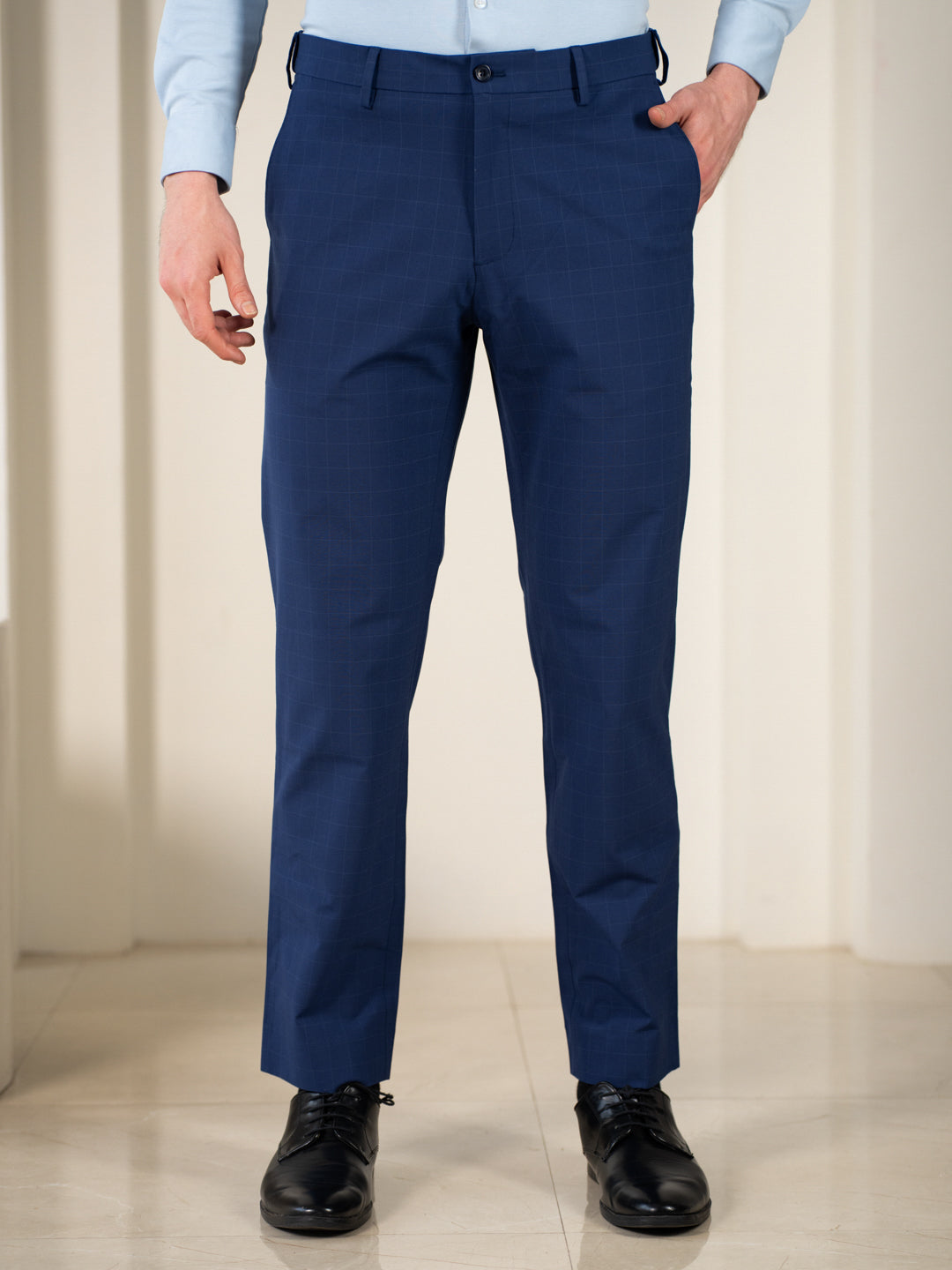 Editor Blue Checks Relaxed Fit Stretch Formal Pants