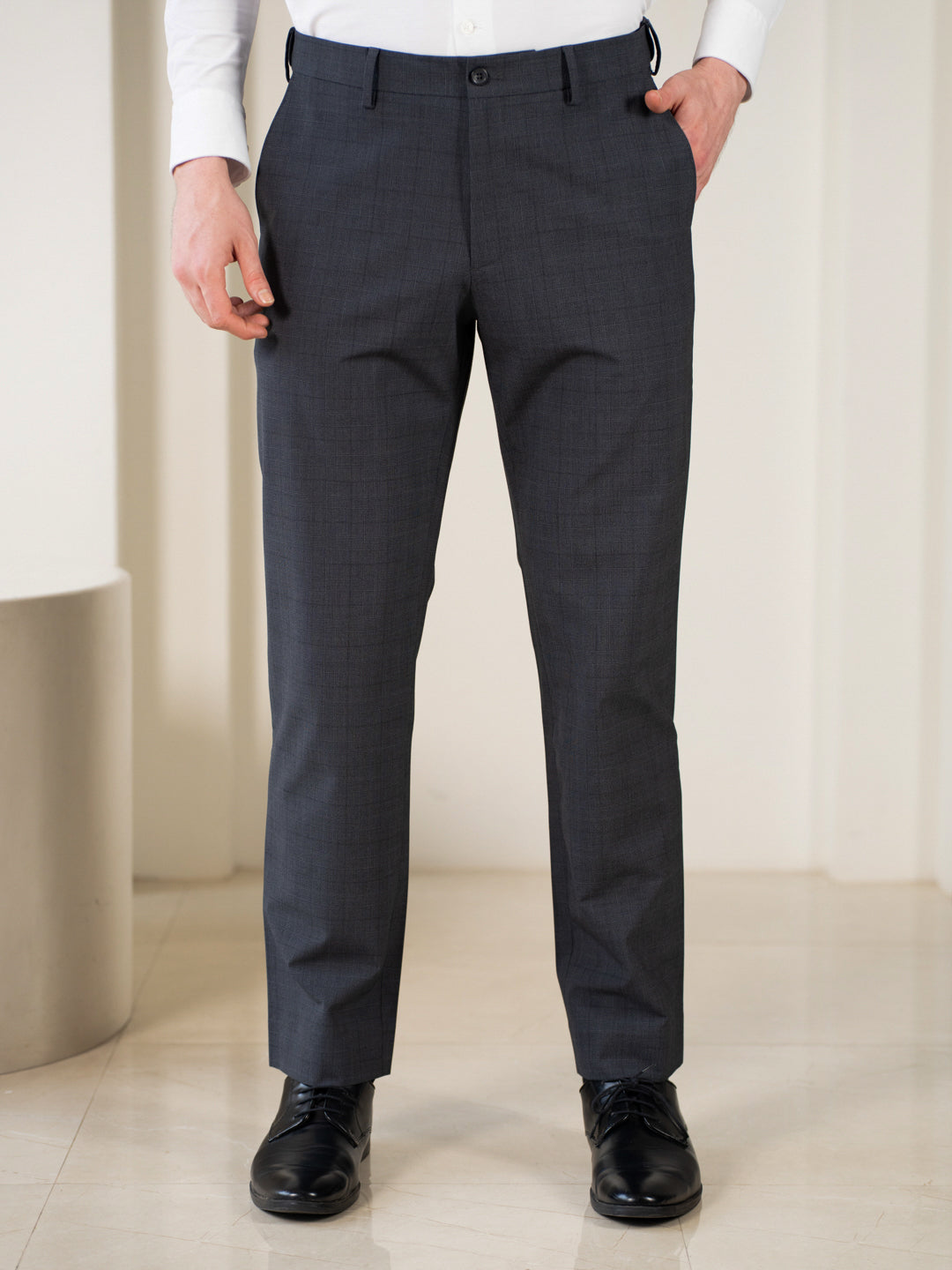 Buy Men's Analyst Grey Checks Relaxed Fit Stretch Formal Trousers Online
