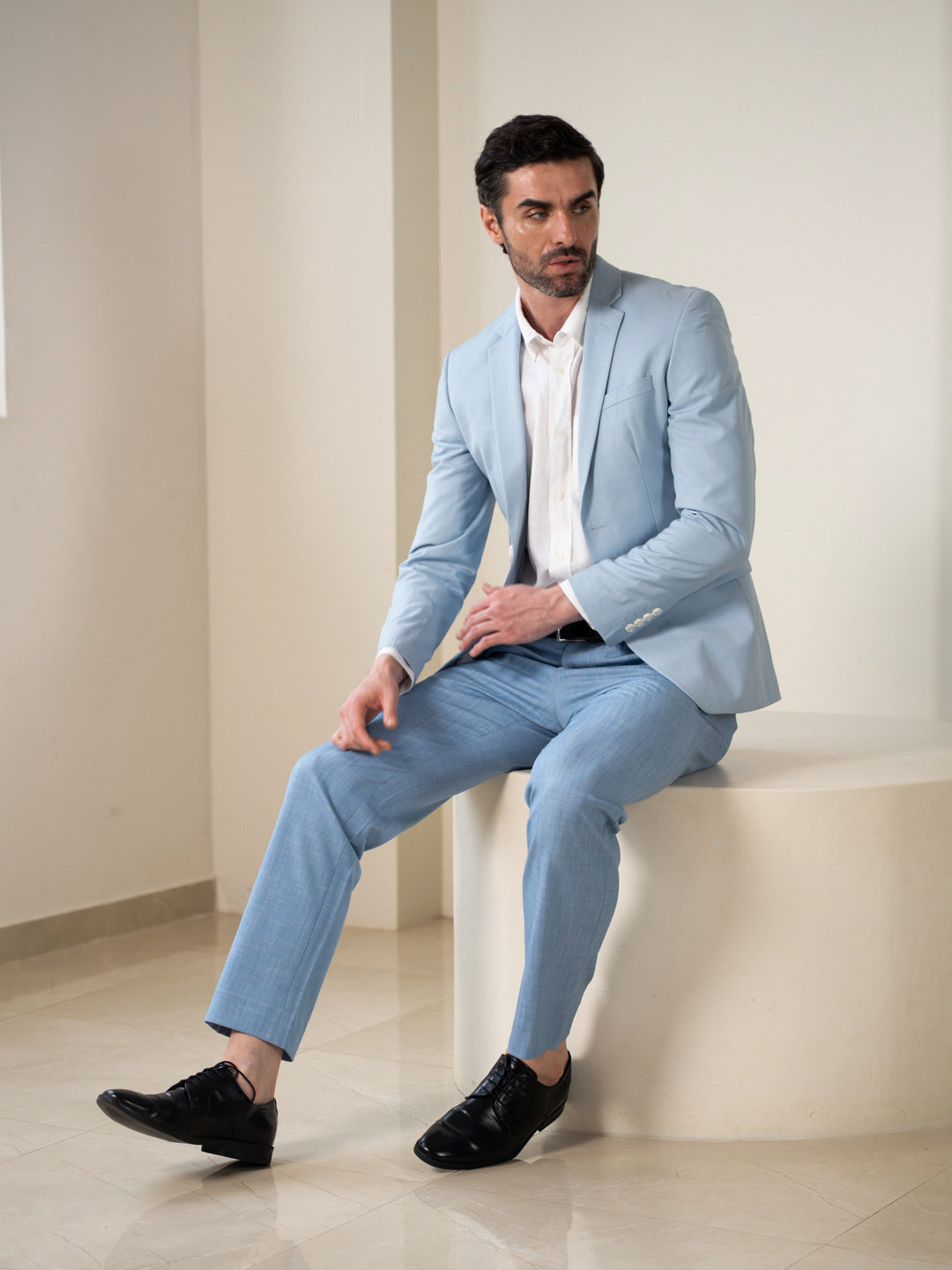 Denali Blue Textured Relaxed Fit Stretch Formal Pants