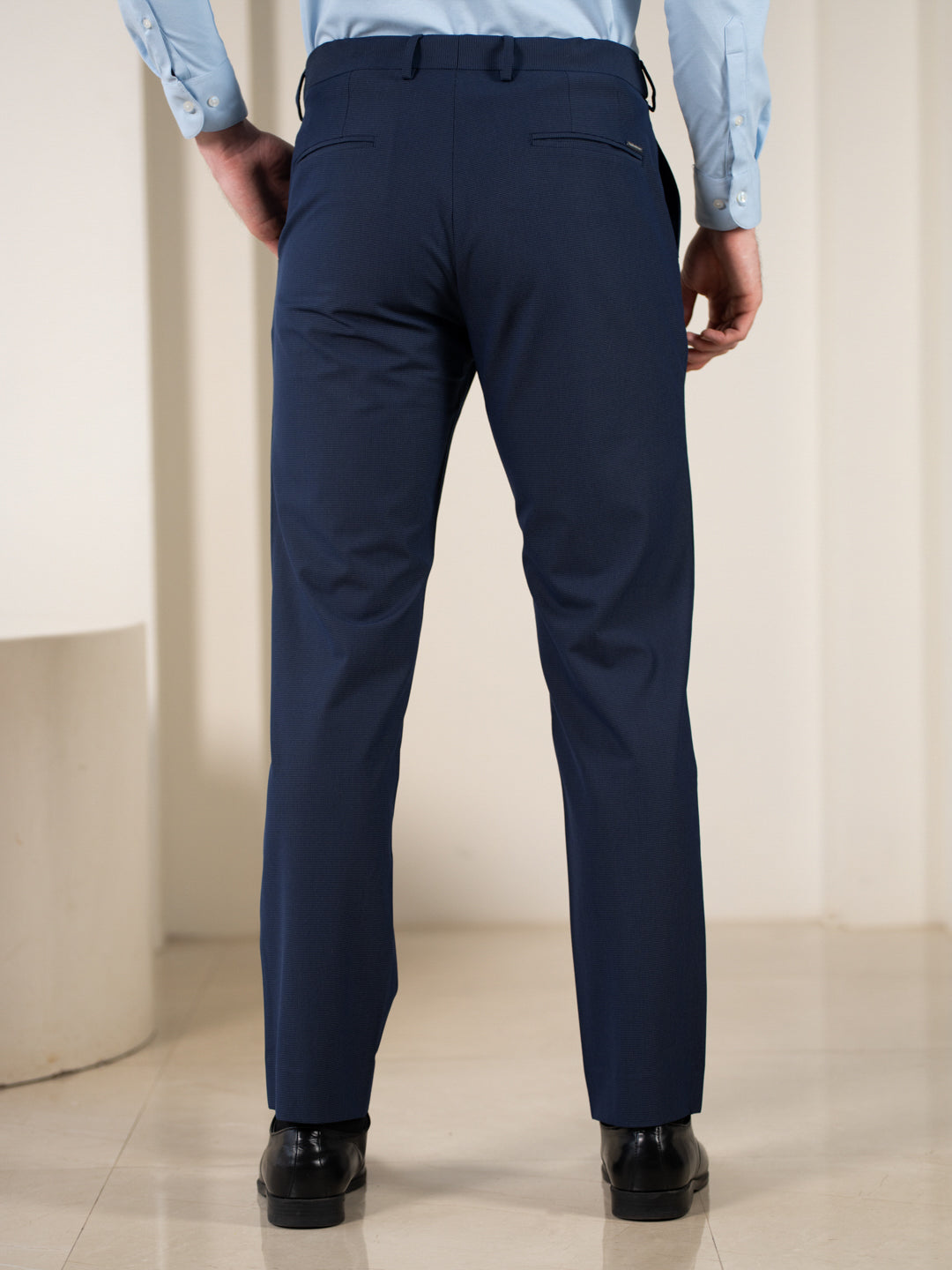Hades Navy Micro Checks Relaxed Stretch Fit Formal Pants