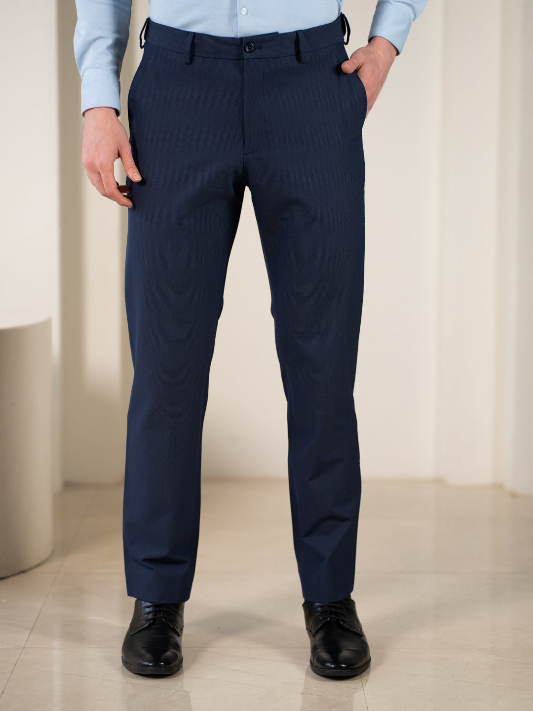 Hades Navy Micro Checks Relaxed Stretch Fit Formal Pants