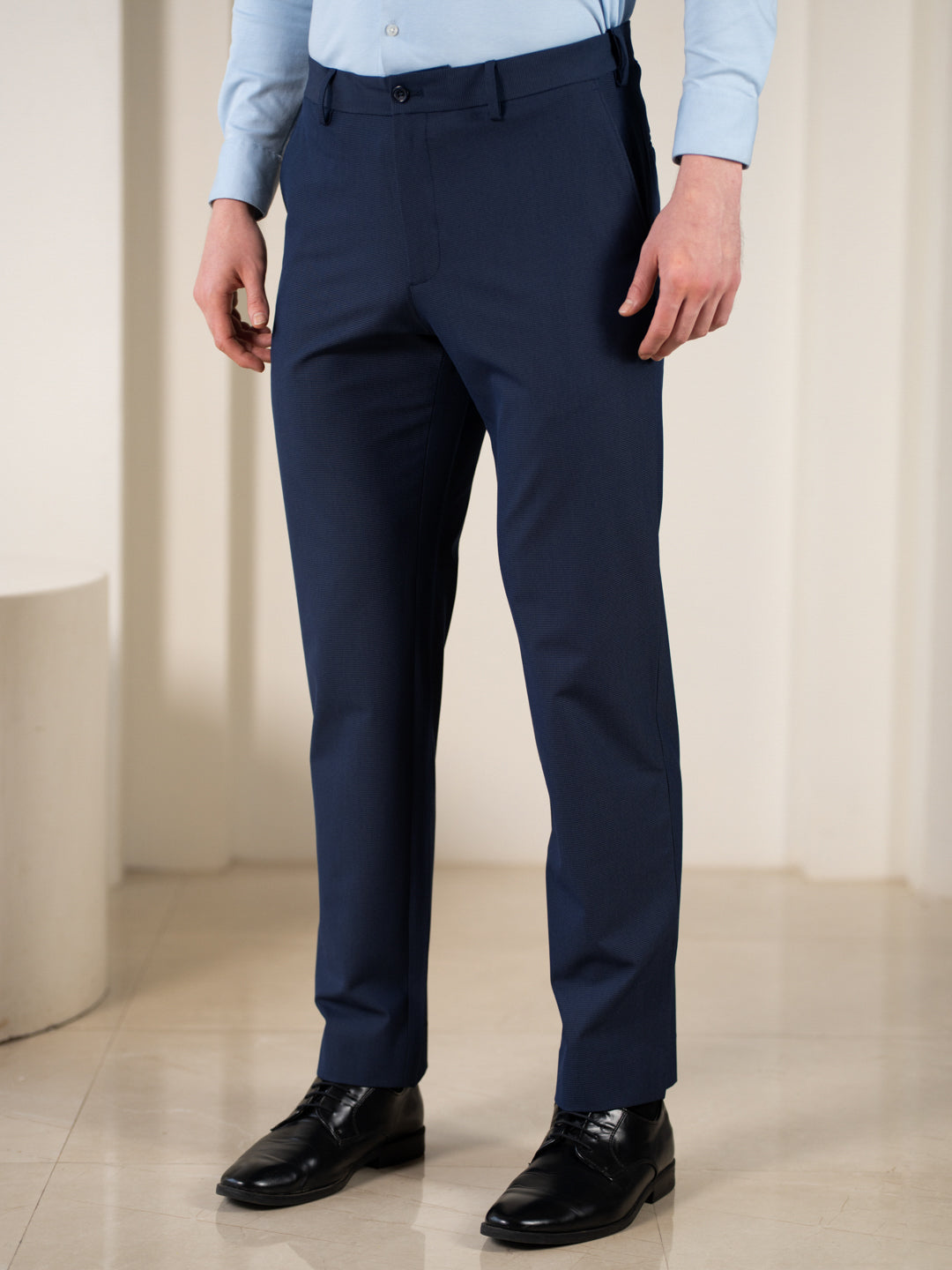 Hades Navy Micro Checks Relaxed Stretch Fit Formal Pants