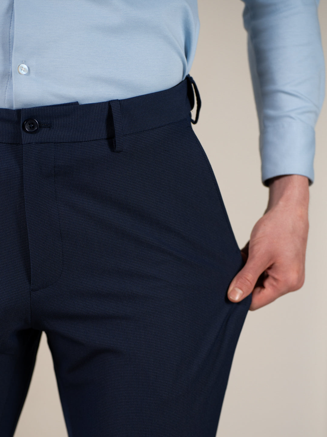Hades Navy Micro Checks Relaxed Stretch Fit Formal Pants