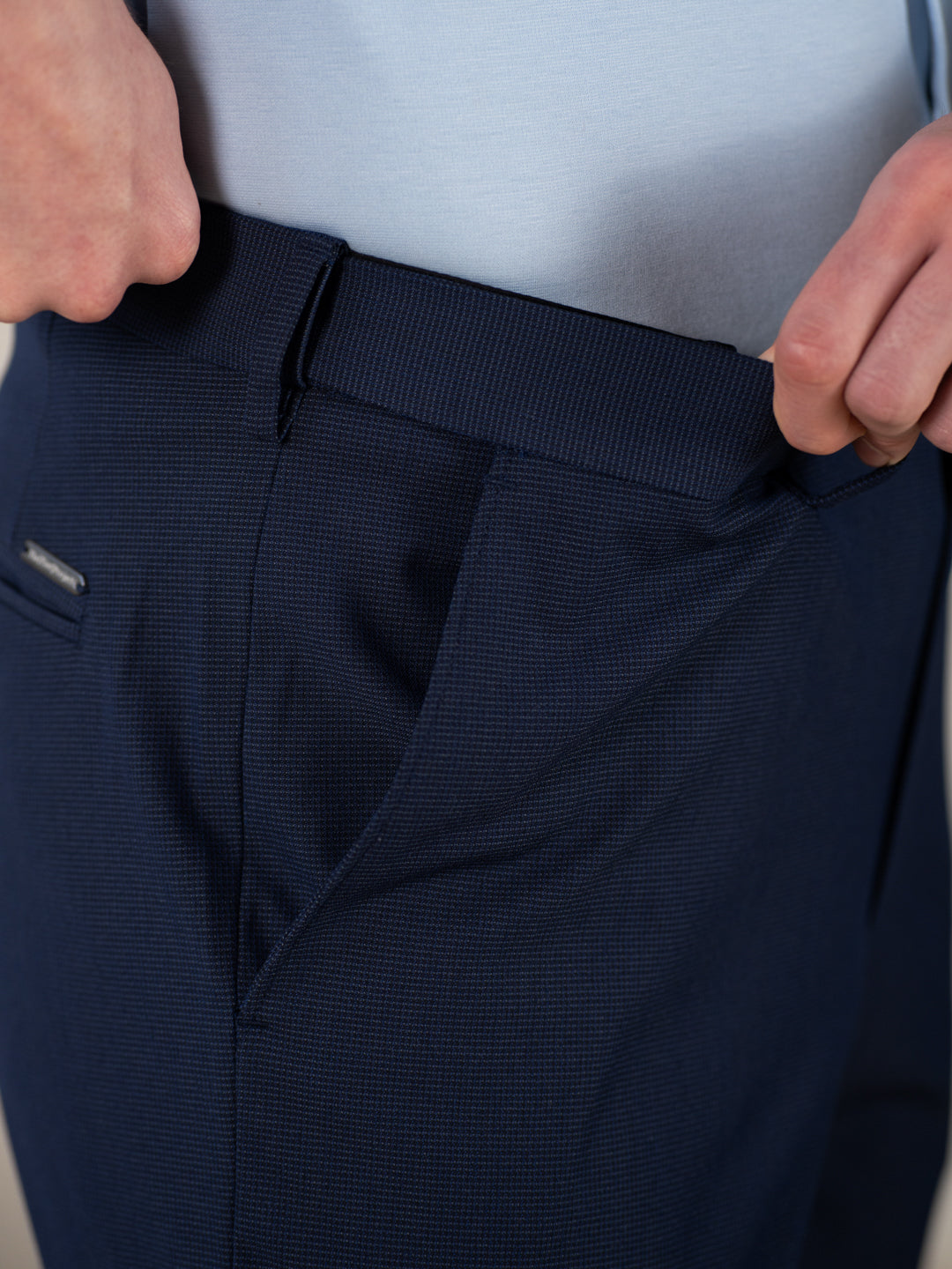 Hades Navy Micro Checks Relaxed Stretch Fit Formal Pants