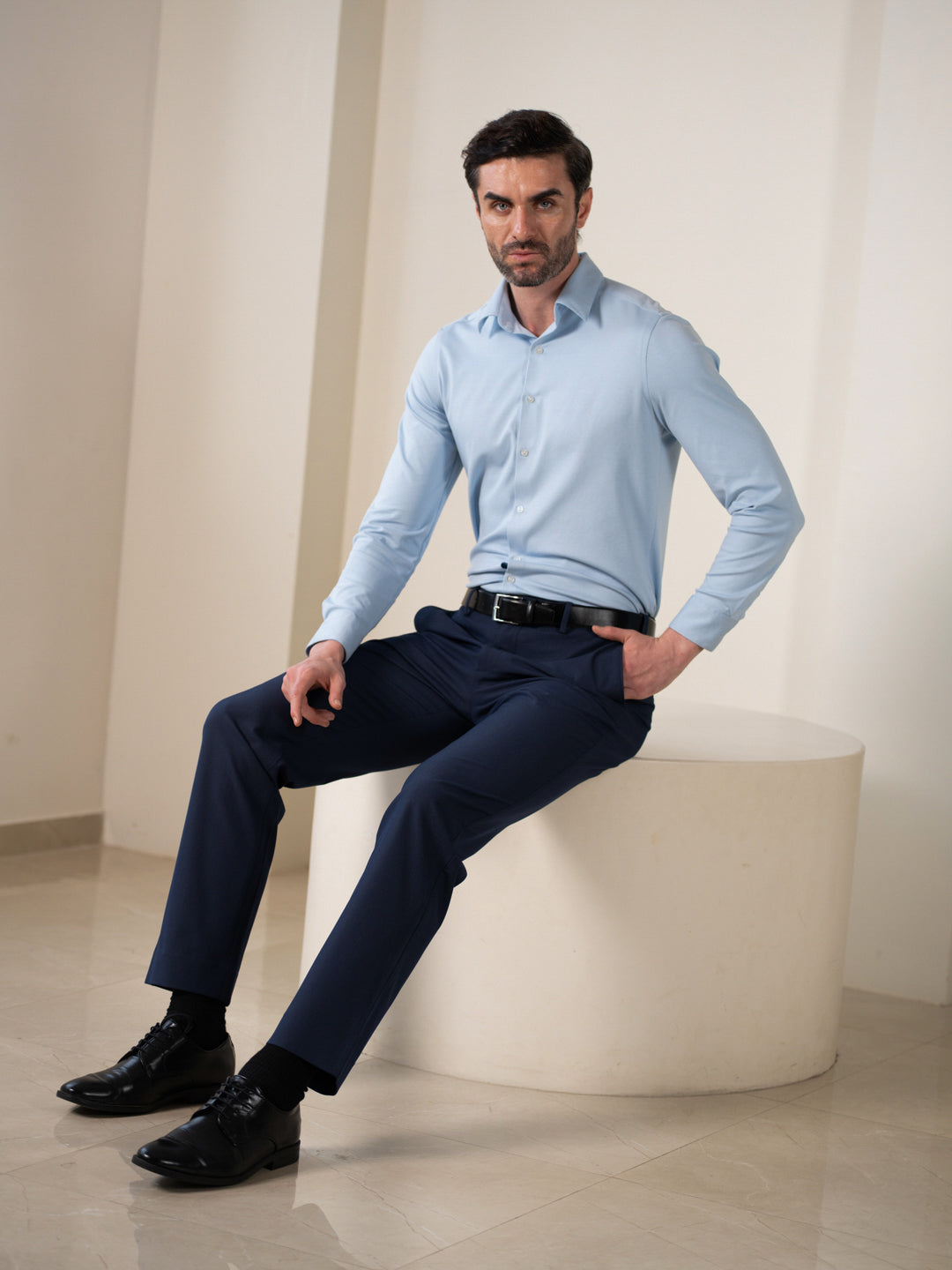 Hades Navy Micro Checks Relaxed Stretch Fit Formal Pants