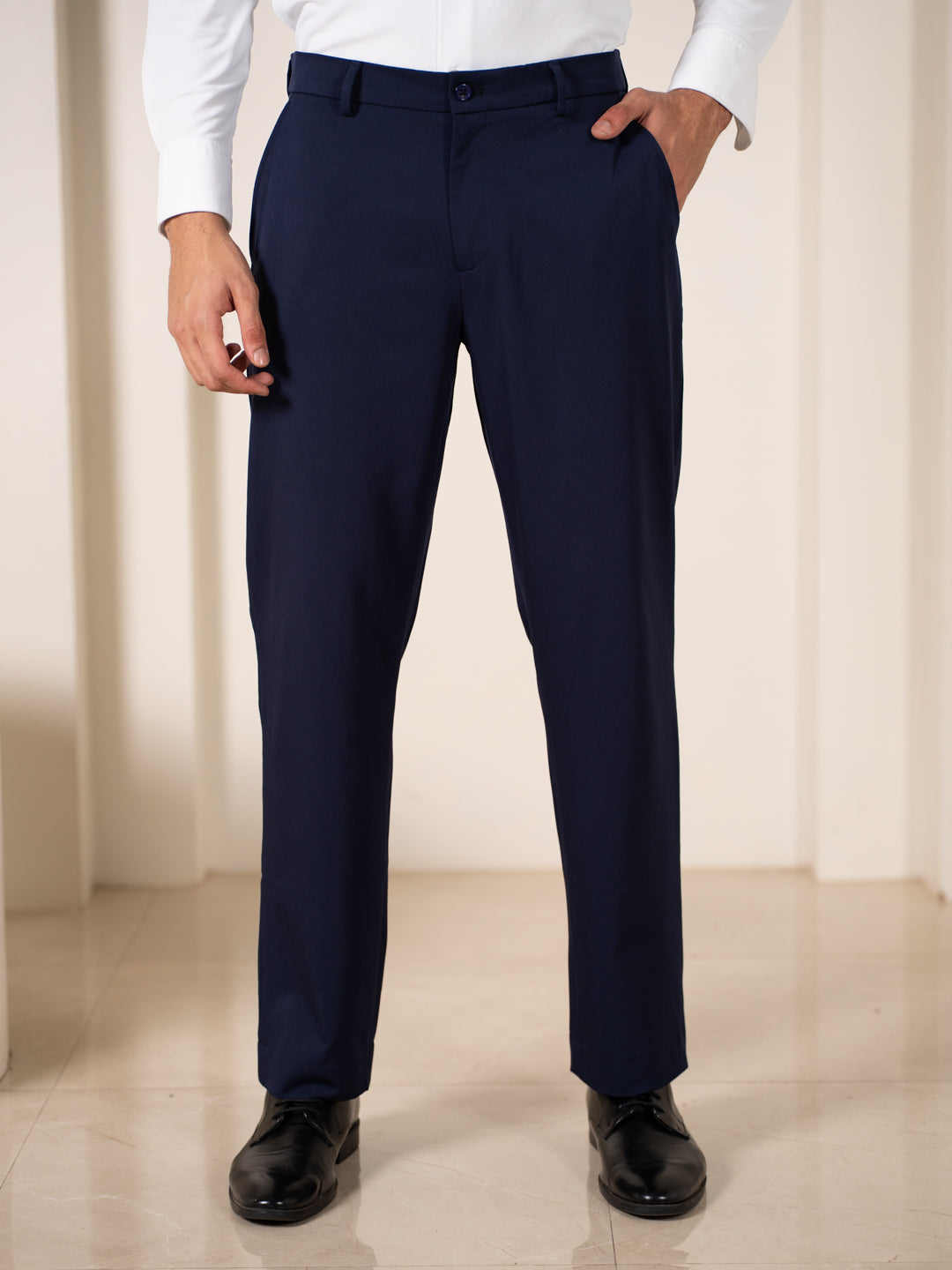 navy blue dress trousers Buy Men Workday Navy Relaxed Fit Stretchable Formal Trouser